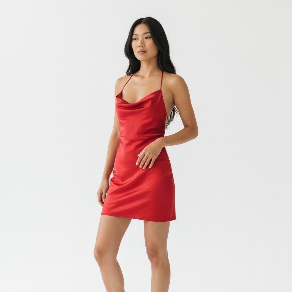 OH POLLY Red Satin Cowl Neck Mini Dress UK‎ 4 / US 0 Holiday Party
